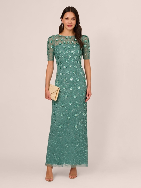 Adrianna Papell Dresses & Skirts - Long Hand Beaded 3D Floral Dress With Elbow Sleeves In Green Slate No Tags 6